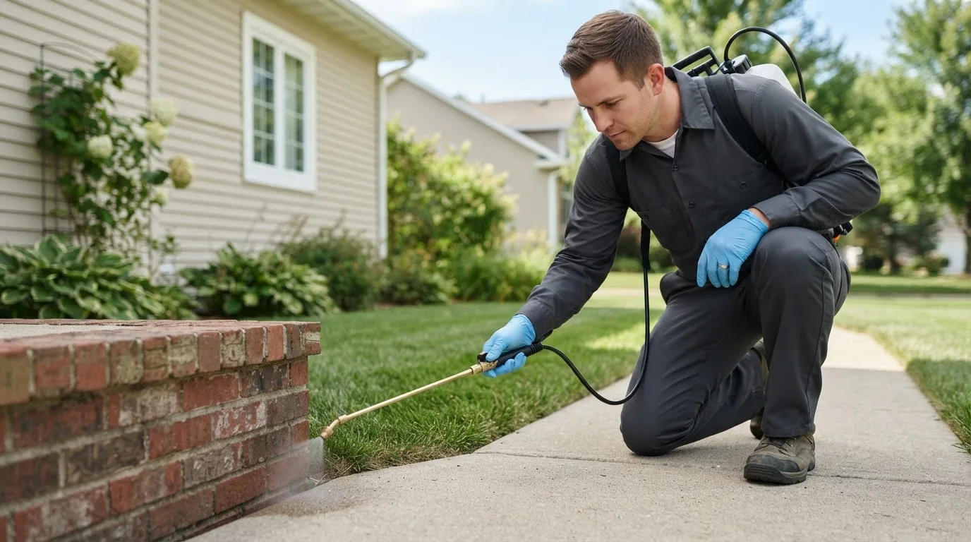 Pest control technician treating a home near Taylor, ND