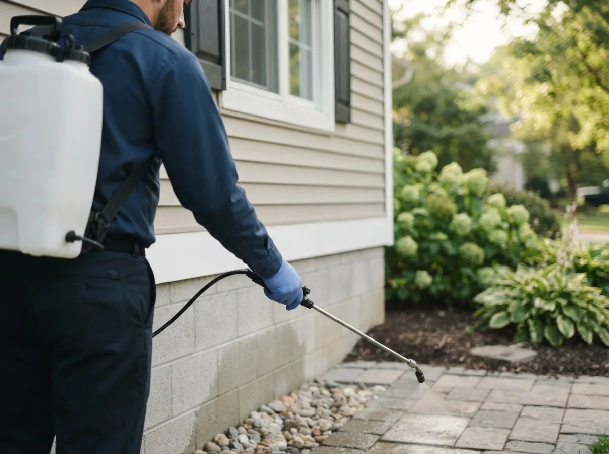 Pest control technician inspecting a home in Taylor, ND
